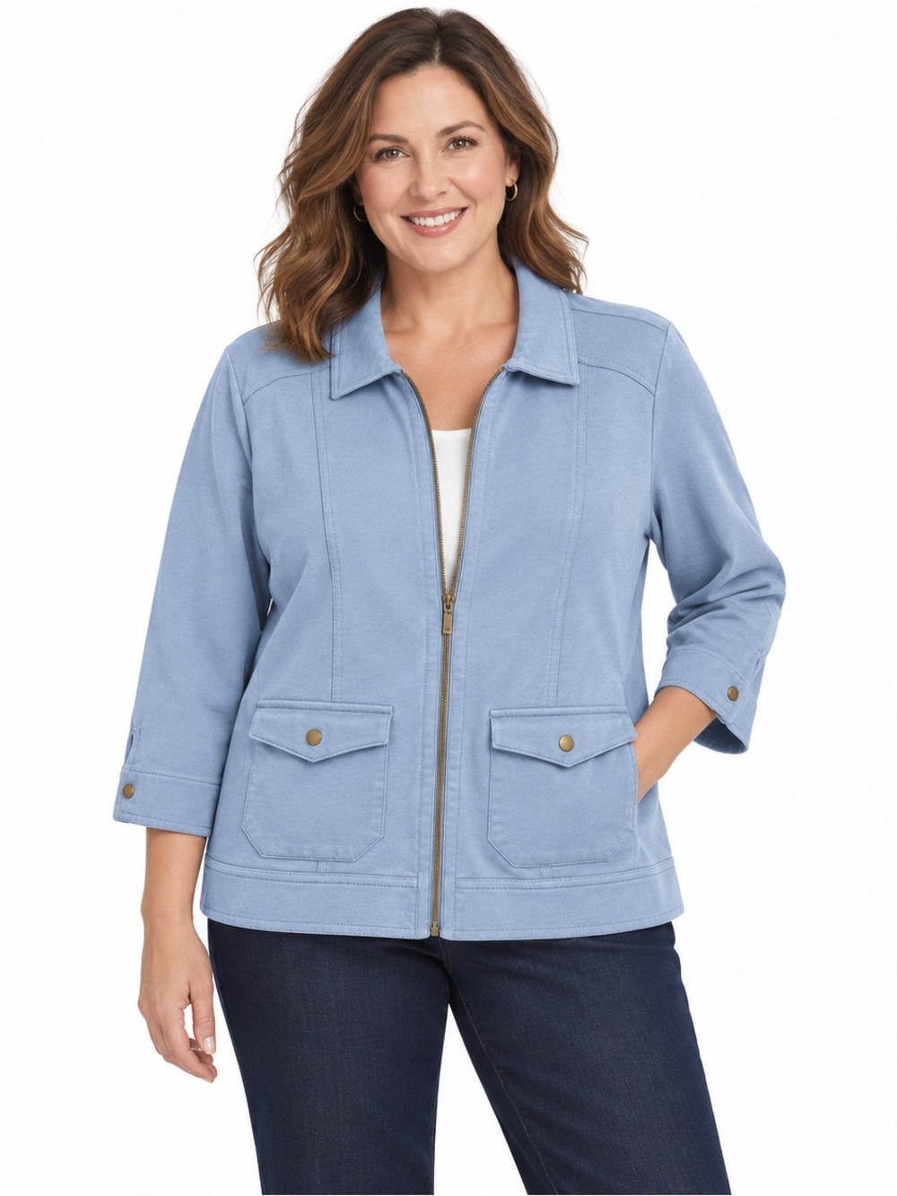 Chico’s Size 1 Blue Zip Front Knit Jacket 3/4 Sleeve Utility Pockets